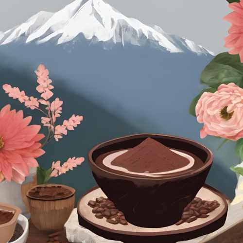 Bild einer Tasse mit Kakao vor einer Bergkulisse